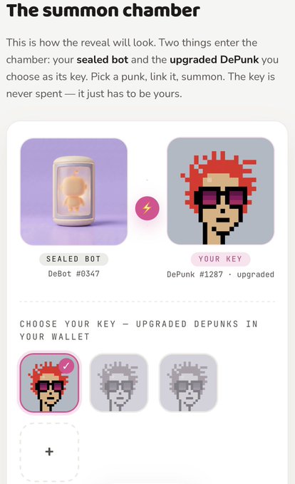 A mobile app interface titled 'The summon chamber' explaining how to combine a 'SEALED BOT' with an upgraded 'DePunk' key, showing examples of DePunk avatars.