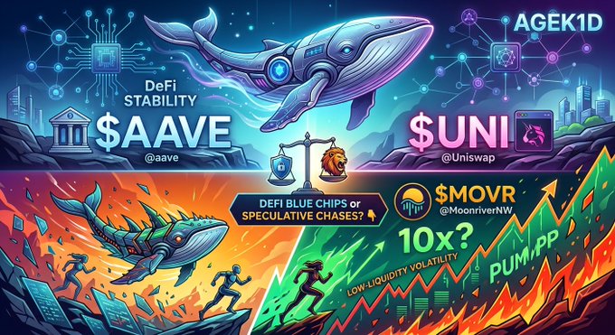 A colorful digital illustration comparing DeFi blue chips ($AAVE, $UNI) and speculative chasers ($MOVR, AGEK1D), featuring metallic whales, a scale with bull and bear, and a '10x?' chart indicating low-liquidity volatility and 'PUMP PP'.