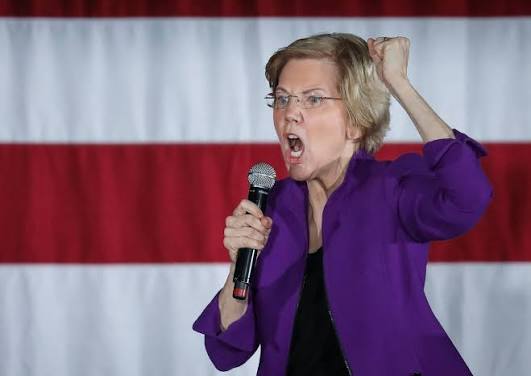 Senator Elizabeth Warren passionately speaking into a microphone with her fist raised in the air while standing in front of an American flag backdrop.