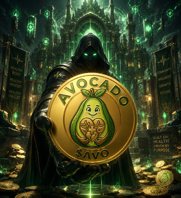 A dark fantasy digital artwork shows a hooded figure holding a large gold coin labeled "AVOCADO" and "$AVO" featuring a smiling avocado character, set against a green-glowing gothic cityscape with banners reading "HEALTHY BODY MINDSET WALLET" and "COMMUNITY WELLNESS GROWTH FUTURE" plus "BUILT ON HEALTH DRIVEN BY PURPOSE".