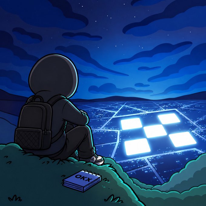 An astronaut-like figure with a backpack sits on a grassy hill overlooking a glowing grid city at night, with an "OKX" notebook beside them—symbolizing the journey of learning and manually backtesting a trading strategy before sharing insights with the OKX community.