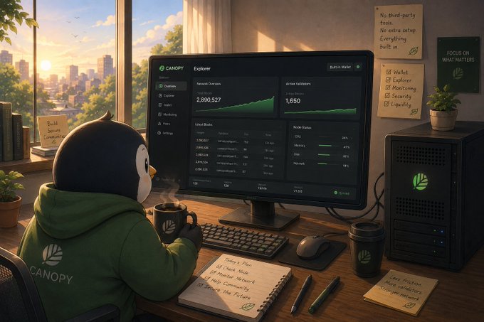 An illustration shows a character in a penguin hoodie working at a computer displaying the 'CANOPY Explorer' dashboard with network statistics and active validators, alongside a server tower and notes about 'No third party tools' and 'Security'.