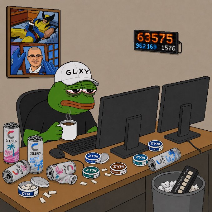 A tired-looking Pepe wearing a "GLXY" hat sits at a desk cluttered with empty Celsius energy drink cans and ZYN nicotine pouches, with an LED ticker displaying numbers like 63575, 962169, and 1576 (referencing Bitcoin block height and hash). The image humorously reflects the poster's exhaustion from handling a "deluge" of Coldcard victim reports, depicting their overwhelmed state while taking a break to maintain databases.