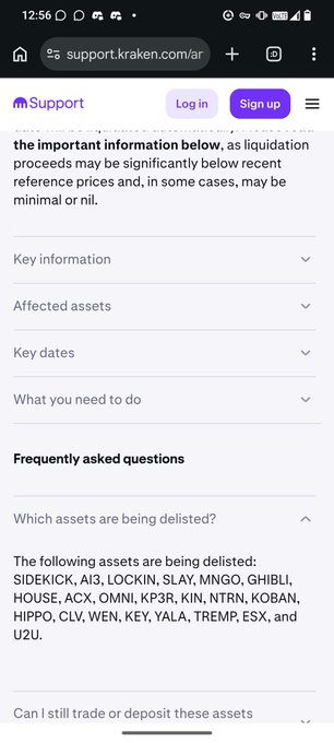 A Kraken support page screenshot about asset delisting information, listing assets being delisted including SIDEKICK, AI3, LOCKIN, SLAY, MNGO, GHIBLI, HOUSE, ACX, OMNI, KP3R, KIN, NTRN, KOBAN, HIPPO, CLV, WEN, KEY, YALA, TREMP, ESX, and U2U.
