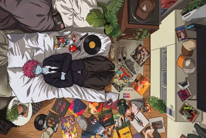 Top-down anime-style illustration of a room where a blue-skinned character in a suit lies on a bed, surrounded by scattered vinyl records, video games (including 'biono'), sneakers, and posters on a wooden floor.