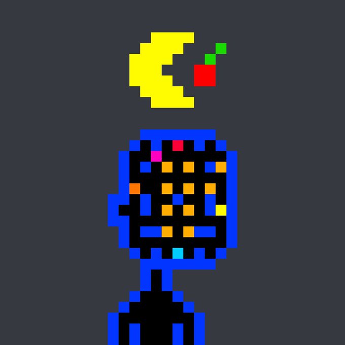 Pixel art depicting a character with a yellow Pac-Man-like head eating a red cherry above a blue and multicolored glitchy face, set against a dark background.