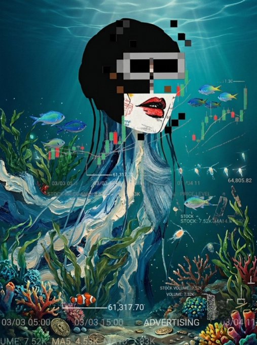 A surreal digital artwork of a woman's face pixelated underwater with red lips, surrounded by fish, seaweed, coral, and overlaid with stock market data and the word 'ADVERTISING'.