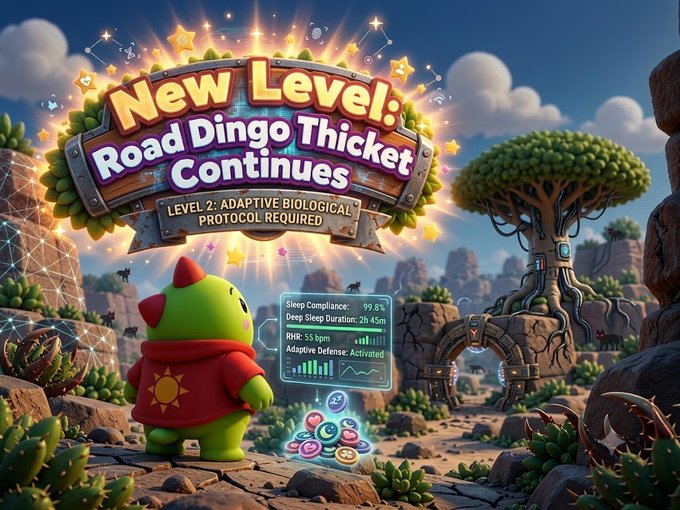 A video game level-up screen displays "New Level: Road Dingo Thicket Continues" with "Level 2: Adaptive Biological Protocol Required," showing a green creature character facing a futuristic archway in a rocky landscape.