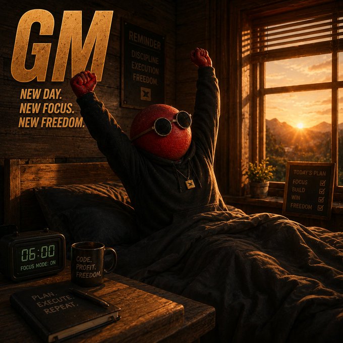 A motivational 'GM' graphic featuring a figure in a hoodie with a red mask stretching in bed at sunrise, surrounded by text emphasizing discipline, focus, execution, and freedom.