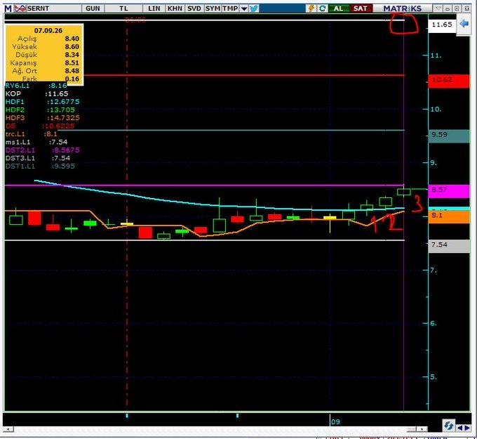 A Turkish financial-chart interface for Sernat / Matriks shows candlestick data, technical indicators, levels such as 8.10 and 10.62, and hand-drawn red annotations including “2” and “3.”