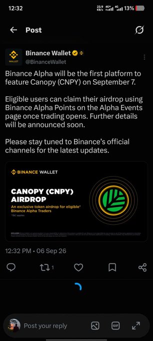 A mobile screenshot of a Binance Wallet post announcing that Binance Alpha will feature Canopy (CNPY) airdrop on September 7 for eligible Alpha Traders.