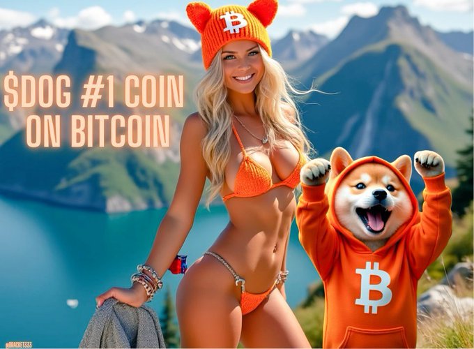 Promotional graphic with text '$DOG #1 COIN ON BITCOIN' showing a woman in an orange bikini alongside an animated Shiba Inu dog wearing an orange Bitcoin hoodie, set against a mountain lake backdrop.