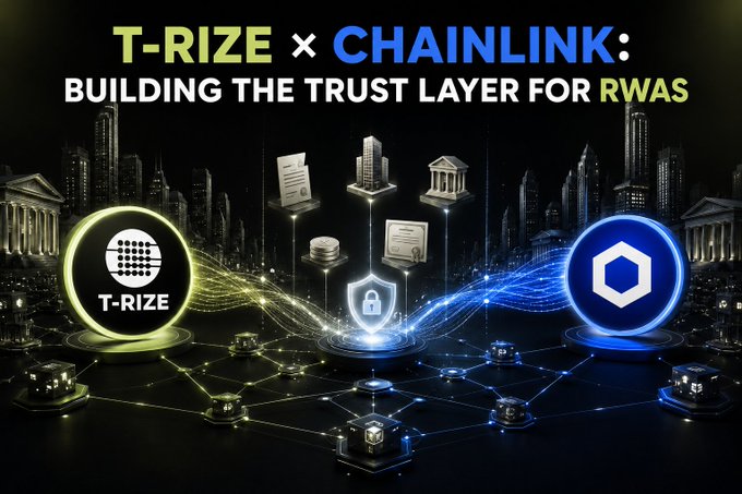 This image depicts the collaboration between T-RIZE and Chainlink, visually representing their mission to "Build the Trust Layer for RWAs" with relevant icons of real-world assets and a city skyline. The logos for T-RIZE and Chainlink are prominently featured, highlighting their partnership in creating verifiable trust for tokenized private credit.