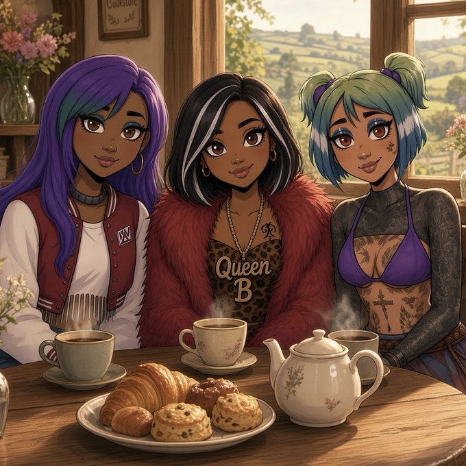 Three anime-style female characters with vibrant purple, black-streaked, and teal-green hair sit together at a cozy tea table featuring a "Queen B" leopard-print top, fresh pastries, and steaming teacups, complementing the cheerful "Good Morning" greeting from the MetaVixensNFT community.
