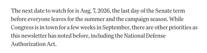 A text excerpt highlighting August 7, 2026, as a critical deadline before the Senate recesses for summer, noting other priorities like the National Defense Authorization Act also competing for legislative attention—underscoring the shrinking window for the Clarity Act to pass before midterm campaigns intensify.