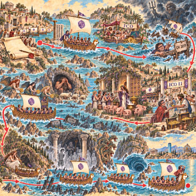 An intricate illustrated map depicting an 'ICO' journey with boats, mythological figures, and timeline markers including 'Q4 2019', 'ICO II 2020', and '2024'.