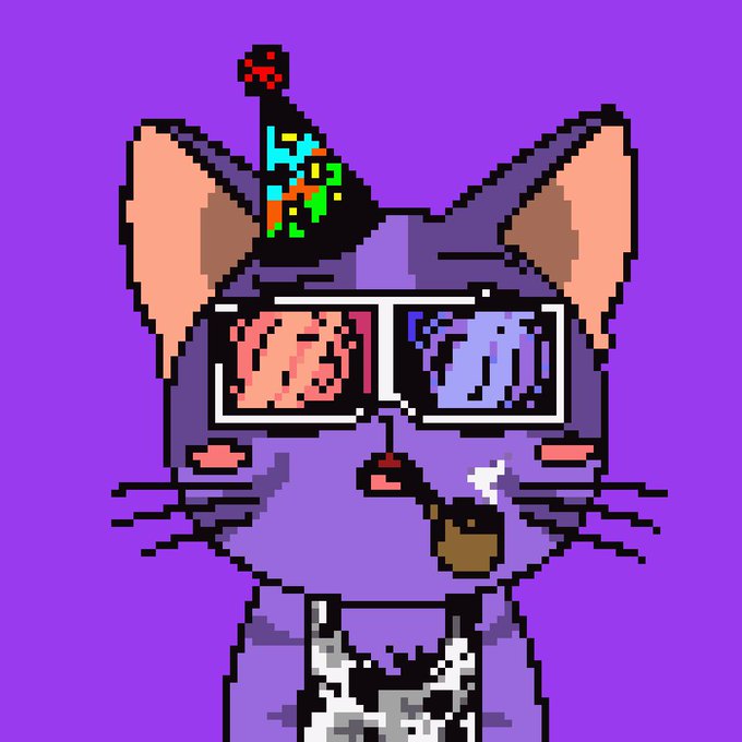 A pixel art purple cat wearing 3D glasses and a party hat with confetti, holding a smoking pipe, with a black-and-white cow visible on its chest area. The image ties into the Cash Purr NFT collection reveal, giving the mascot a celebratory, party-ready vibe to mark the launch of the NFT drop on OpenSea.