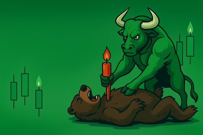 An illustration of a green bull holding a candle over a defeated brown bear, with additional candles in the background on a green background.