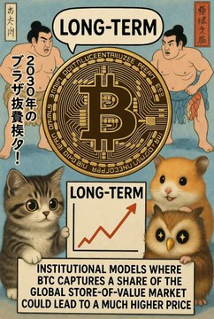 A Japanese-style crypto meme featuring a Bitcoin coin, two sumo wrestlers, a Shiba Inu dog, and two cats holding 'LONG-TERM' signs, with Japanese text about a 2030 Bitcoin price prediction and text stating 'INSTITUTIONAL MODELS WHERE BTC CAPTURES A SHARE OF THE GLOBAL STORE-OF-VALUE MARKET COULD LEAD TO A MUCH HIGHER PRICE'.