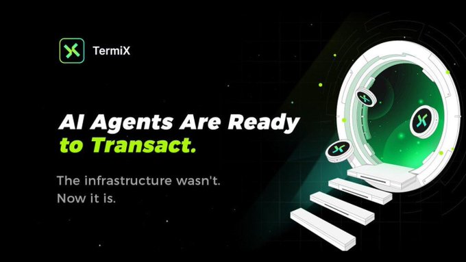 Promotional graphic for TermiX with text 'AI Agents Are Ready to Transact. The infrastructure wasn't. Now it is.' alongside a portal graphic featuring the X logo and steps.
