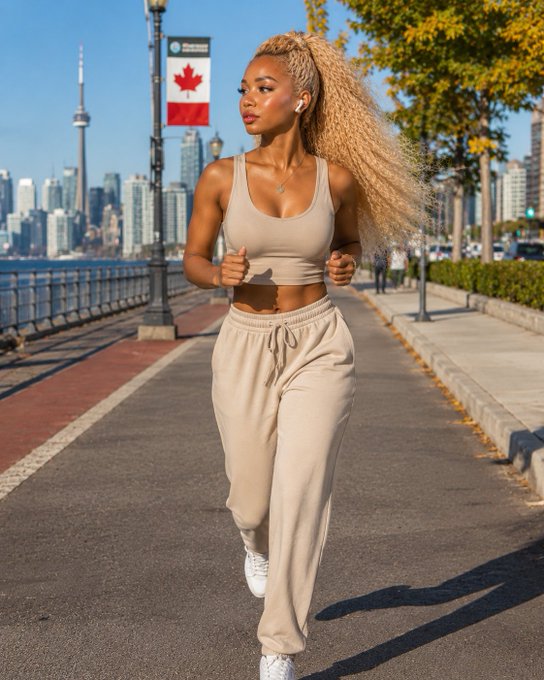 A woman with blonde curly hair in a ponytail jogs along a waterfront path in a beige athletic outfit, with the Toronto skyline and CN Tower visible in the background.