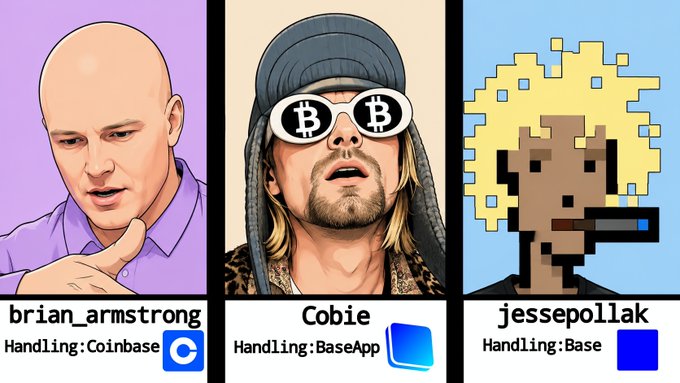 A triptych of cartoon-style portraits labeled 'brian_armstrong (Handling: Coinbase)', 'Cobie (Handling: BaseApp)', and 'jessepollak (Handling: Base)'.