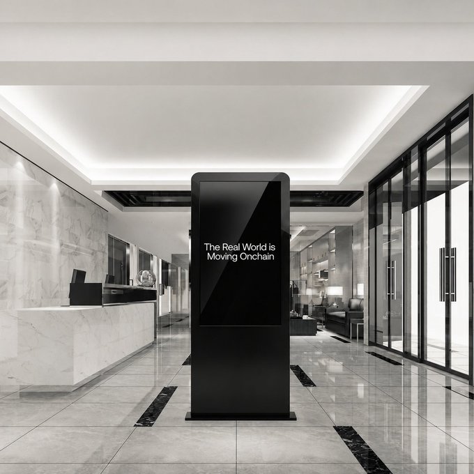 A sleek digital display in a luxurious marble lobby reads "The Real World is Moving Onchain," symbolizing the integration of blockchain technology into traditional, high-end physical spaces. The image visually reinforces the post's message about blockchain adoption entering familiar, accessible real-world environments.