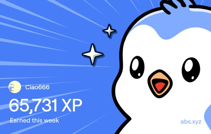 Duolingo-style owl mascot on a blue background with the text 'Ciao666, 65,731 XP, Earned this week, abs.xyz'.