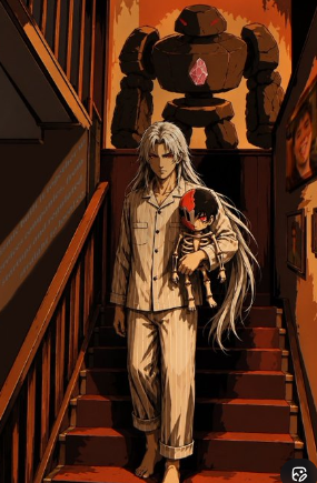 The anime-style image shows a white-haired character in pajamas standing on a staircase, holding a small robotic figure, while a large menacing robot looms behind them in red-lit shadows. The image serves as a thematic, atmospheric illustration for the post promoting the Ripple RLUSD deposit campaign on TermMax, with its dark, tense aesthetic symbolizing the high-risk, high-reard nature of the 90x XP earning opportunity before the July 15th deadline.