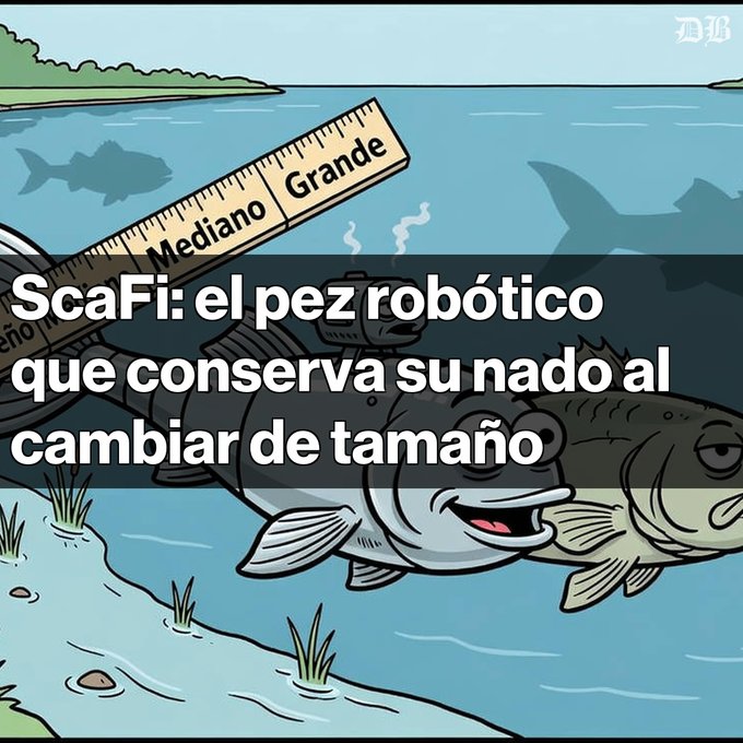 An illustrated graphic with Spanish text reads 'ScaFi: el pez robótico que conserva su nado al cambiar de tamaño,' showing a robotic fish next to a ruler marked 'Mediano' and 'Grande' underwater, credited to WSJ.