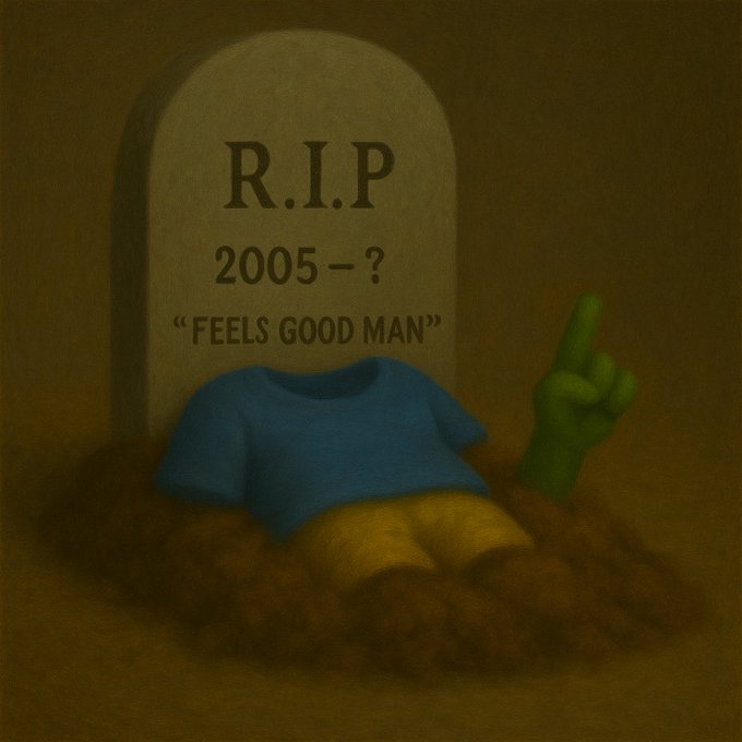 A tombstone memorial reading 'R.I.P 2005-? "FEELS GOOD MAN"' depicts a deceased Pepe the Frog character with only his blue shirt and green middle finger emerging from the dirt.