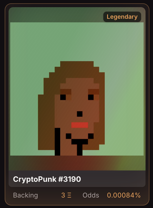 A digital trading card labeled 'Legendary' featuring pixel-art CryptoPunk #3190, with backing at 3Ξ and odds of 0.00084%.