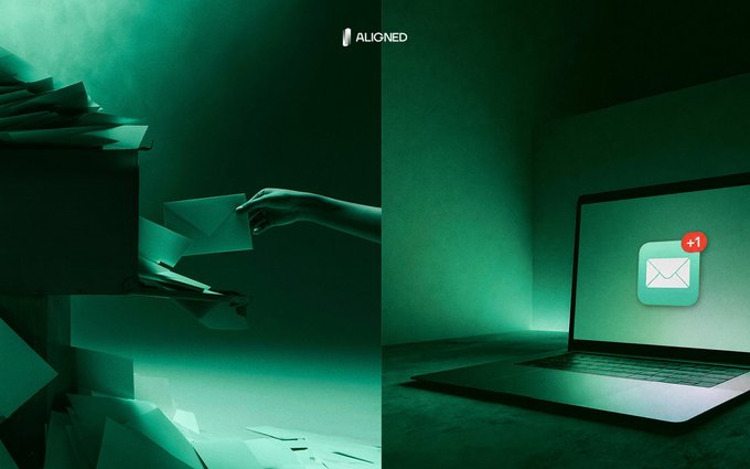 Green-tinted artistic image branded 'ALIGNED' showing a hand reaching from a filing cabinet on the left and a laptop displaying an email notification on the right.