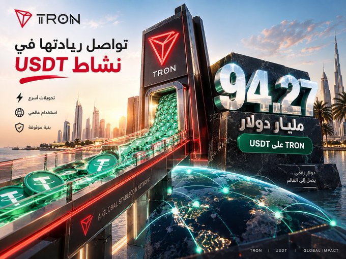The image is a promotional graphic for the TRON network, featuring its logo prominently alongside a Dubai skyline backdrop, showcasing that 94.27 billion dollars worth of USDT is circulating on the TRON network, highlighting its role as a stablecoin hub. Key Arabic text translates to "Your earnings connect in USDT on TRON," with bullet points emphasizing fast conversion, global use, and high reliability.