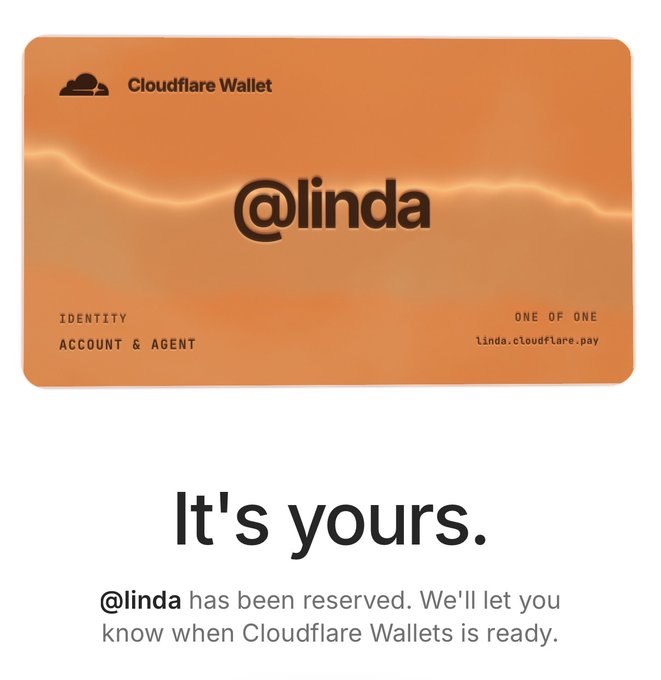 Cloudflare Wallet reservation card showing '@linda' has been reserved for Identity, Account & Agent, with the tagline 'It's yours.'