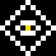 A pixel art diamond or gem shape in black, white, and yellow on a black background.