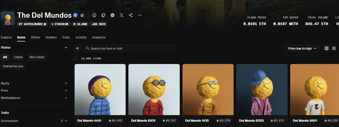 OpenSea NFT collection page for 'The Del mundos' by davidos.bnb, showing 10,000 items with a floor price of 0.0191 ETH and various Del Mundo character avatars.