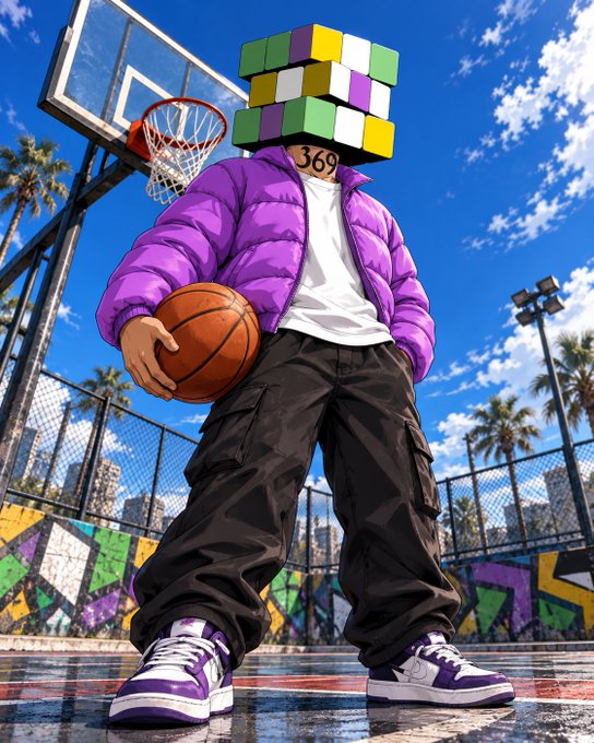 An anime-style illustration of a character wearing a purple puffer jacket, baggy black pants, and purple sneakers, with a head made of stacked Rubik's cubes displaying '369', holding a basketball on a street court with graffiti and palm trees.