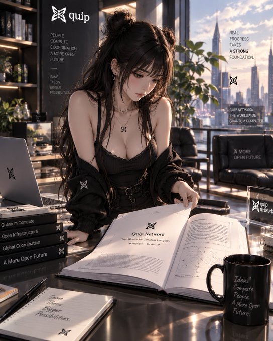 An AI-generated promotional illustration for 'Quip Network' shows an anime-style woman in black reading a book at a desk filled with branded materials, with text overlays like 'Ideas Compute People A More Open Future' and 'The Worldwide Quantum Computer'.