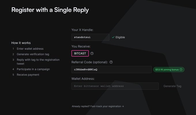 The image shows a registration page for a cryptocurrency exchange called Stitch3.ai. The main focus of the image is a registration form, which appears to be asking users to enter their email address and other personal information. There are two buttons on the screen that appear to be related to the registration process - one is labeled "Register with a Single Reply" while the other is labeled "How it works". Additionally, there's a text box in the image where users can type their email address for registration purposes. The background of the image is black and white, which contrasts nicely with the white text on the screen.