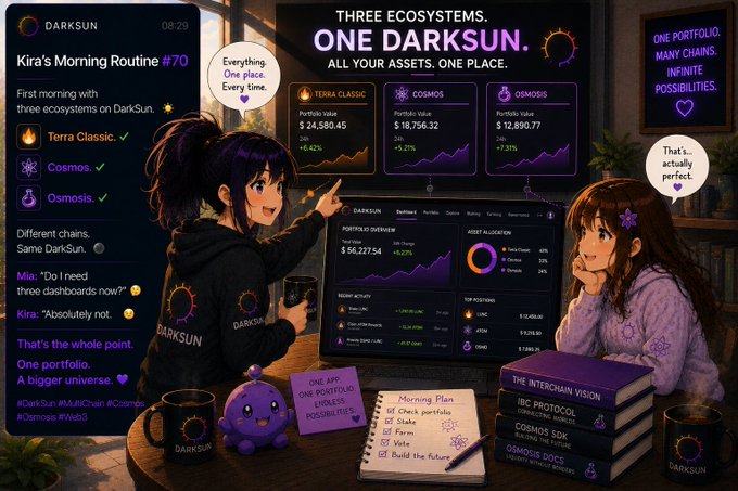 An anime-style promotional graphic for 'DARKSUN' displays the headline 'THREE ECOSYSTEMS. ONE DARKSUN. ALL YOUR ASSETS. ONE PLACE.' with portfolio values for Terra Classic ($24,580.45), Cosmos ($18,756.32), and Osmosis ($12,890.77), showing two characters discussing the platform.