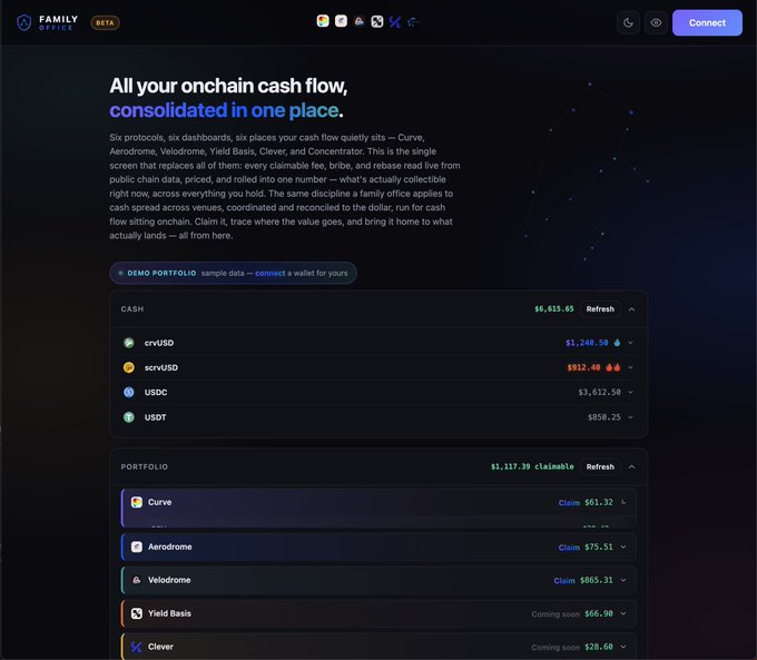 A dashboard for 'Family Office' displaying consolidated onchain cash flow with assets like crvUSD, scrvUSD, USDC, and USDT, showing a total cash value of $6,635.65 and claimable portfolio of $1,117.39.