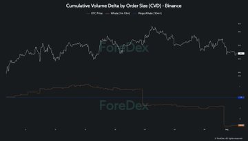 A dark-themed financial chart titled "Cumulative Volume Delta by Order Size (CVD) - Binance" with "Forex" watermarks overlaid.