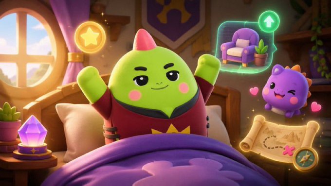 The image features a cartoon green monster with arms raised who appears to be happy or excited about something happening around him. The monster is surrounded by various objects such as a bed, chair, potted plant, and other toys. There are also some text elements in the image that seem to be related to a social media platform called @sleepagotchi. This platform allows users to connect their sleep scores with their activity on the app, which can help them track their sleep patterns and improve their overall sleep quality. The post suggests that if you've used @sleepagotchi at any stage of your account, your activity now connects in one place, and you are encouraged to focus on what is happening in the image as it relates to this social media platform.