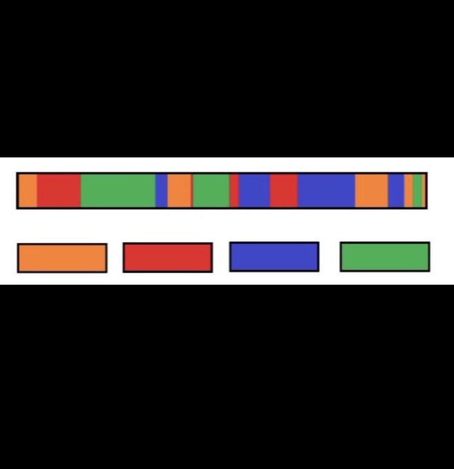 A simple graphic showing a segmented bar of colored rectangles (orange, red, green, blue) above four separate colored rectangles in orange, red, blue, and green.