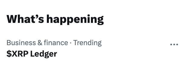 The image shows a social media trending section with the header "What's happening" displaying "$XRP Ledger" as a trending topic under the Business & finance category, visually supporting the post's message about the XRP community successfully trending the XRP Ledger on the platform.