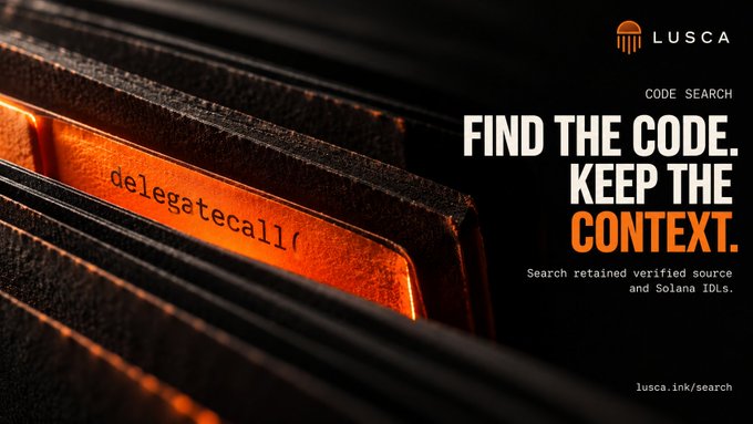 A promotional image for Lusca's code search feature with the tagline 'FIND THE CODE. KEEP THE CONTEXT,' displaying the text 'delegatecall' engraved on a metallic surface.