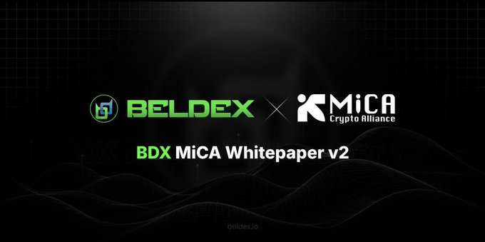 A dark promotional graphic for 'BELDEX x MiCA Crypto Alliance' announcing the 'BDX MiCA Whitepaper v2' at beldex.io.