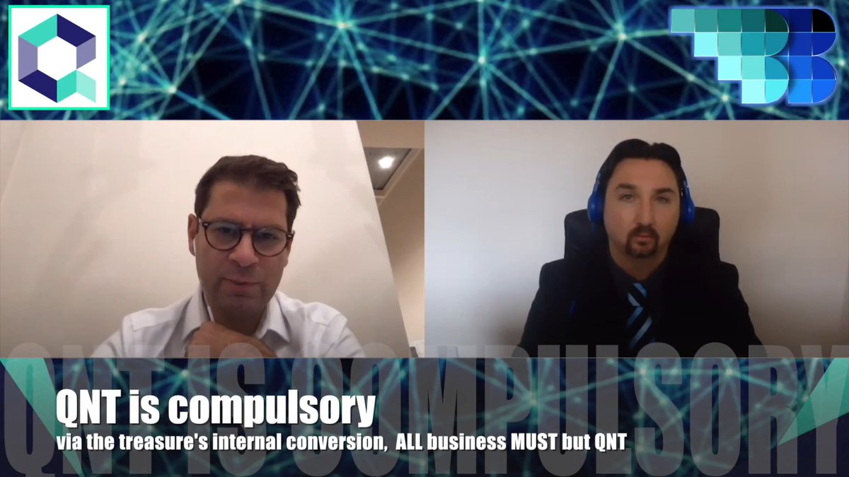 A YouTube thumbnail features two men in a video call with logos for cryptocurrency QNT and a thumbnail design agency, captioned 'QNT is compulsory via the treasure's internal conversion, ALL business MUST but QNT.'