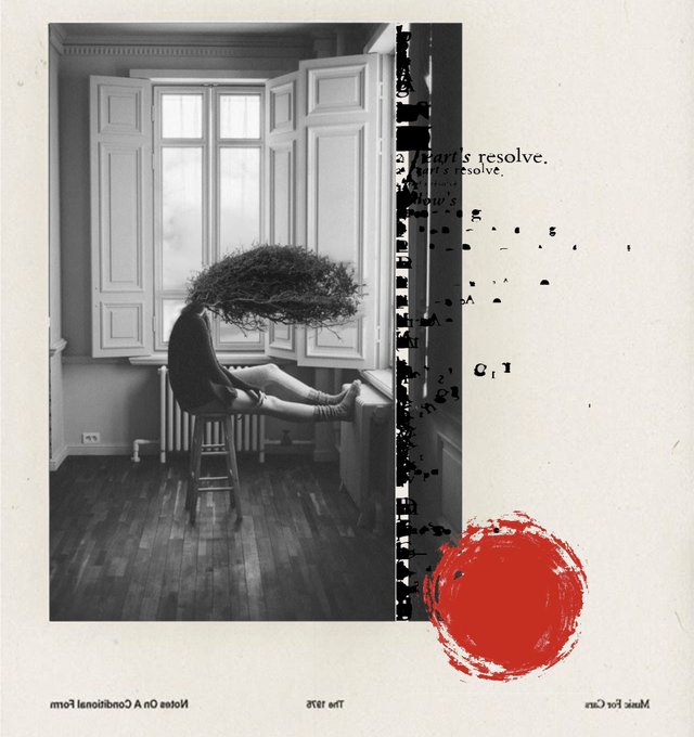 Surreal black-and-white mixed-media artwork of a person sitting by a window with their head replaced by a nest of twigs, accompanied by a red paint circle and scattered text.